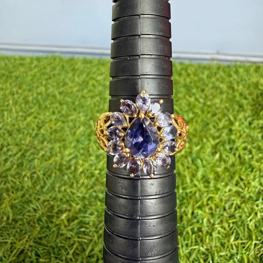 Vintage 10k Gold Pear Iolite Tanzanite Cluster Filigree Statement Ring Size 8.5‎